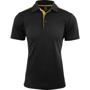 A black polo shirt with a yellow accent on the collar, featuring a logo on the chest.