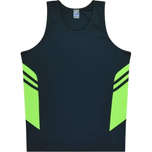 A navy singlet featuring bright green panels and stripes, designed for kids, with a logo.