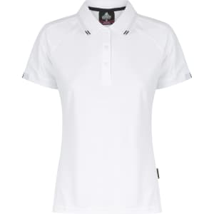 A white polo shirt with short sleeves and a collar, featuring a logo on the chest.