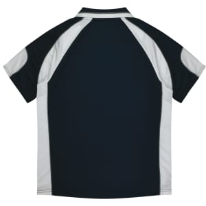 A navy polo shirt featuring light grey accents, with a smooth fabric and a collar. Includes a logo on the front.
