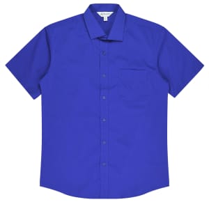 A short-sleeve button-up shirt in vibrant blue with a single chest pocket and a logo at the collar.