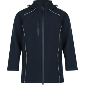 A navy blue jacket featuring a zip front, multiple pockets, and contrasting grey seams. It has a logo on it.