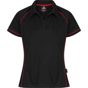 A black polo shirt featuring red piping, designed for women, with a collar and short sleeves. It has a brand logo.