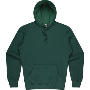 A green men's hoodie with a front pocket and a drawstring hood, featuring a logo on the label.