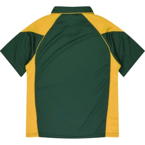 A polo shirt featuring a green and yellow design, with a classic collar and short sleeves. It has a logo on it.