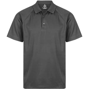 A dark grey polo shirt with a three-button placket and short sleeves. It features a logo on the chest.