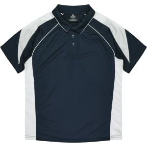 A navy blue polo shirt with white accents and a collar, featuring a logo on the label inside.