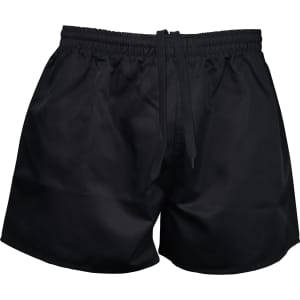 Black rugby men's shorts featuring an elastic waistband and drawstring. Includes a branding logo.
