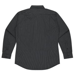 A long sleeve button-up shirt in dark green with a subtle striped pattern and a logo.