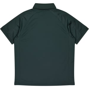 A dark green polo shirt with a short sleeve and a classic collar, featuring a branding logo.