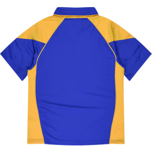 A polo shirt featuring a blue body with yellow accents. It has a collar and a branded logo.