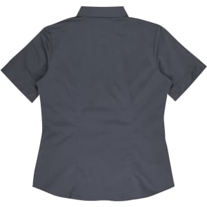 A short-sleeve button-up shirt in a dark grey colour with a collared neckline and a fitted design, featuring a logo.