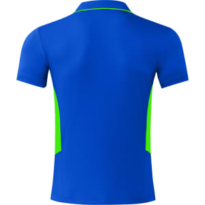 A blue polo shirt with green accents, featuring a logo on the back. Short sleeves and a classic collar design.