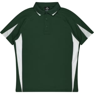 A green polo shirt with white accents and a collar. It features a logo on the chest area.