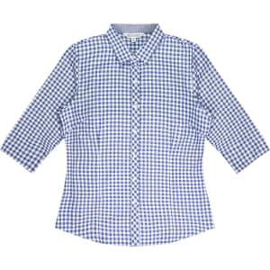 A button-up shirt featuring a blue and white gingham pattern with 3/4 sleeves and a collar. It has a logo.