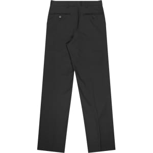 Pleated men's pants in black, featuring a flat back with two buttoned pockets and a tailored fit.