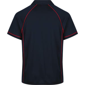 A navy polo shirt with red piping details and a logo on the front. Features a classic collar and short sleeves.