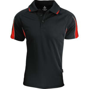 A black polo shirt with red accents and a logo, featuring a classic collar and short sleeves.