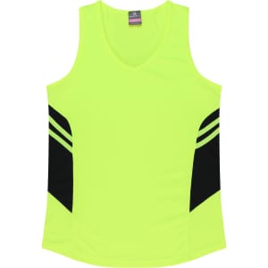 A bright fluorescent yellow singlet with black side panels and a v-neck design. It features a logo.