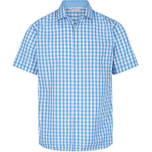 A short-sleeve button-up shirt in blue and white checkered pattern, featuring a front pocket and a logo.