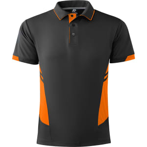 A black and orange polo shirt with a collar and contrasting side panels, featuring a logo.