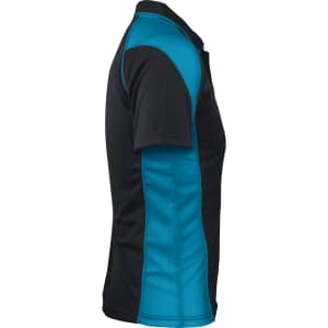 A black and turquoise polo shirt featuring a logo, shown from a side angle.