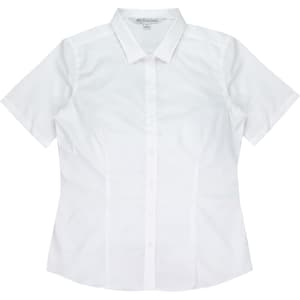 A short-sleeve button-up shirt in white, featuring a classic collar and a logo on the label.