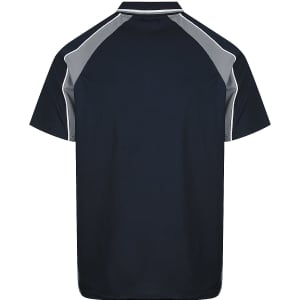 A short-sleeved navy polo shirt with grey accents, featuring a logo on the chest area.