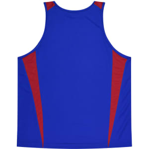 A blue singlet with red side panels and a slightly streamlined design, featuring a logo.