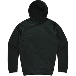 A dark green hoodie with a front pocket and a hood, featuring a logo on the upper left side.
