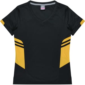 A black and yellow women's T-shirt with a V-neck and contrasting side panels. It features a branding logo.