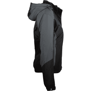 A black and grey jacket with a hood and zippered pockets, featuring a logo.
