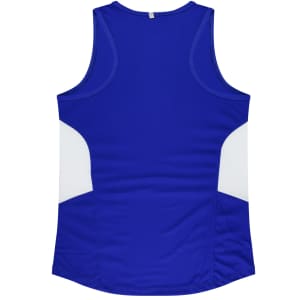 A blue singlet with white side panels and a branding logo, designed for women's wear.