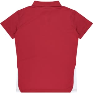 A red polo shirt with a collar and short sleeves, featuring a side panel design. It has a logo on the front.