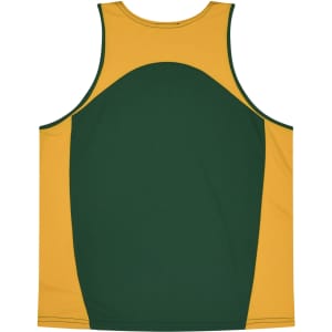 A green and yellow singlet featuring a rounded design and a logo. Suitable for kids' wear.