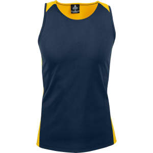 A navy singlet with yellow accents, featuring a branding logo on the neckline.