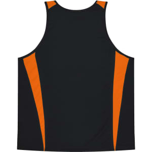 A black singlet featuring orange side accents and a logo on the front. Suitable for kids' active wear.