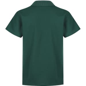 A green polo shirt with a collar and short sleeves, featuring a logo on the back.