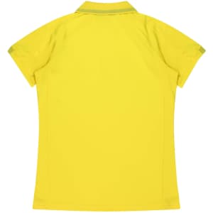 A yellow polo shirt featuring a collar and short sleeves, with a logo on the back.