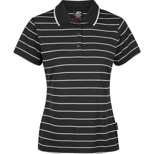 A black and white striped polo shirt featuring a collar and short sleeves, with a logo on the side.