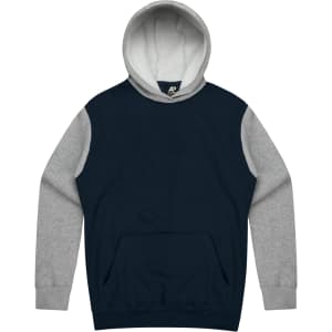 A hooded jumper featuring a navy body and grey sleeves, with a kangaroo pocket and a logo on the inside.