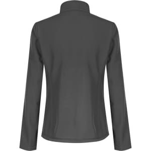 A soft shell jacket in dark grey, featuring a clean back design and a high collar. Includes a logo.