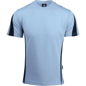 A light blue men's t-shirt with black accents on the shoulders and sides. It has a logo on the neckline.