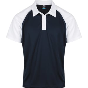 A navy and white polo shirt with a collar and logo, featuring a raglan sleeve design.