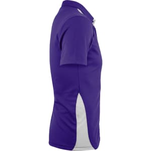 A purple polo shirt with a white side panel, featuring a collar and short sleeves, and a logo on the chest.
