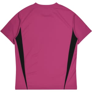A pink T-shirt with black side accents and a smooth back design. It features a logo on the front.