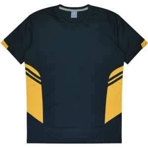 A dark green T-shirt with yellow sleeve accents and side stripes, featuring a logo on the label.