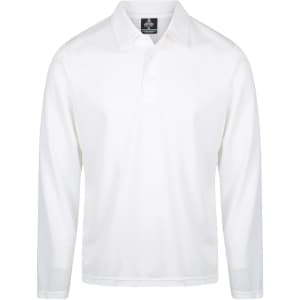 A white long-sleeve polo shirt featuring a collar and a logo. Suitable for casual wear or active use.