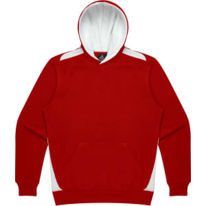 A red hoodie with a white hood and side accents, featuring a front pocket and a logo.