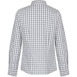 A long sleeve button-up shirt in a grey and white check pattern, featuring a collar and cuff detailing.